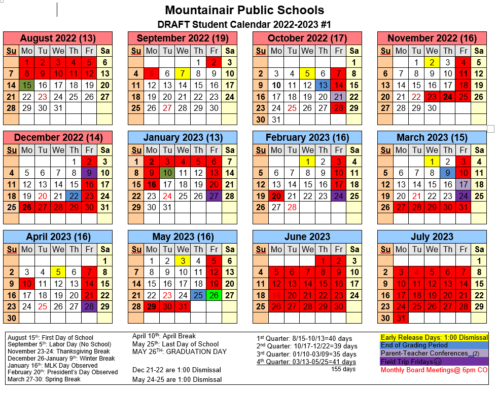 Student Calendar #1 with field trip Fridays